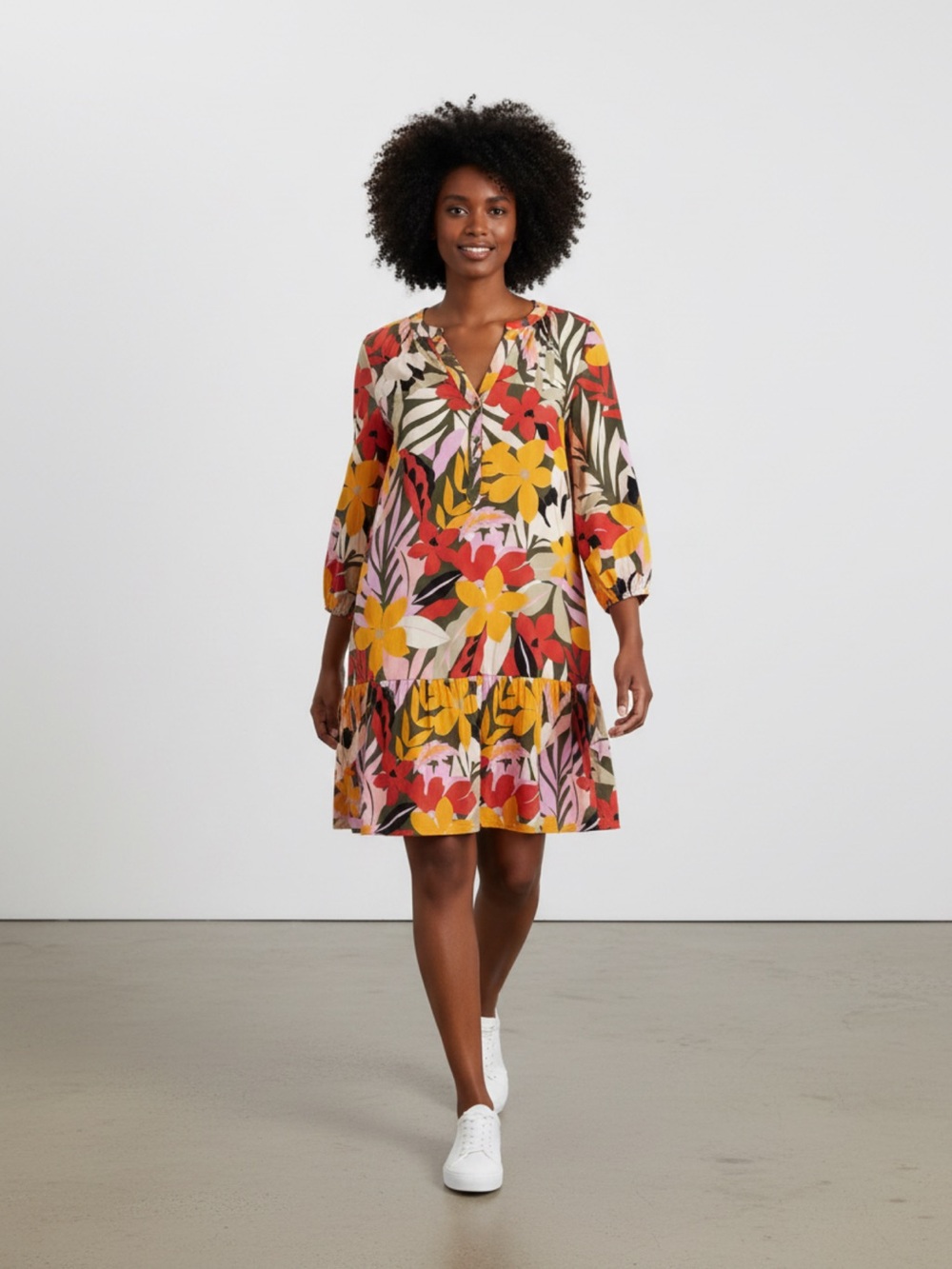 LOFT Tropical Floral Tiered 3/4 Sleeve Shift Dress L